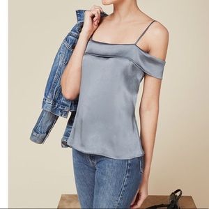 Reformation silky blue off shoulder top